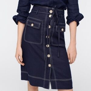 NWT J Crew Button-Front Skirt In Stretch Linen Navy SZ 10